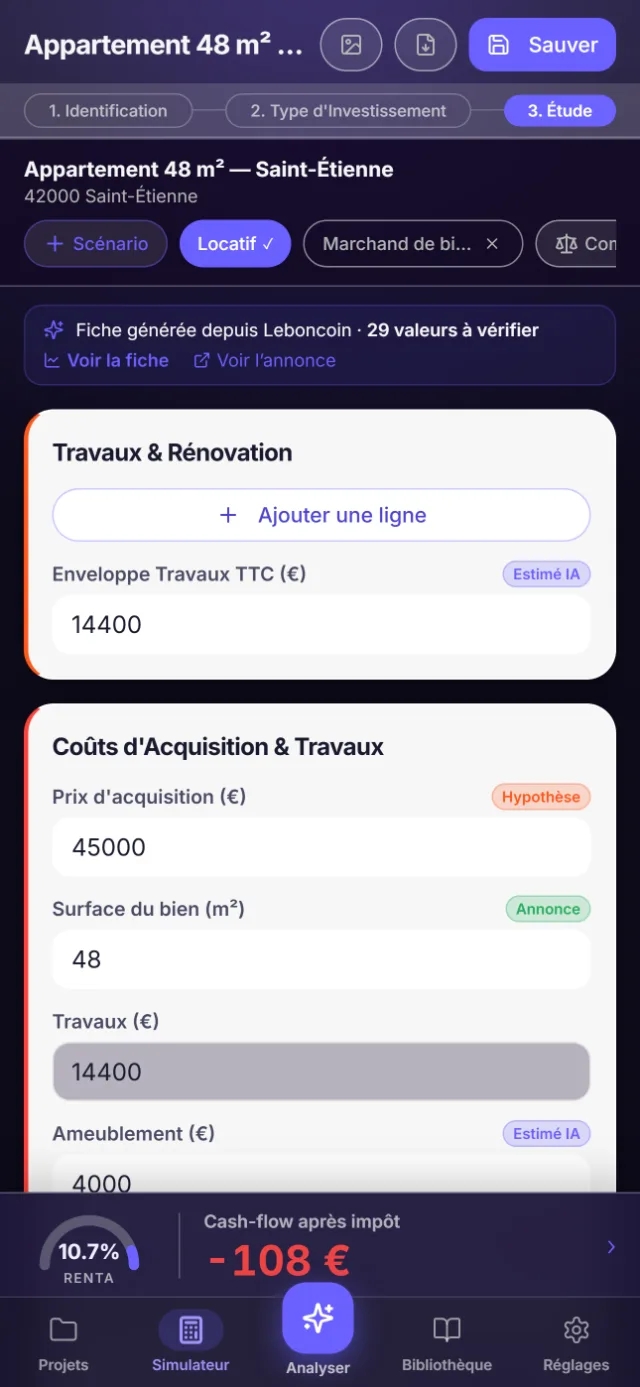 Simulateur Brickly avec les pastilles Annonce, Estimé IA et Hypothèse